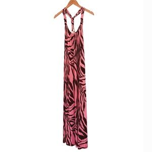 Flora Kung NWT $540 Silk Jersey Pink Brown Boho Maxi Halter Dress 6
